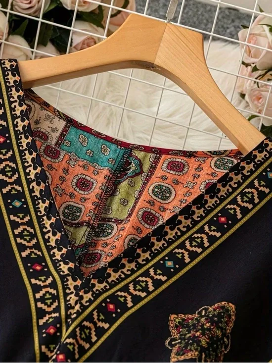 Bohemian Patchwork Print V-Neck Midi Dress - Multi New Boutique - Picture 3 of 5